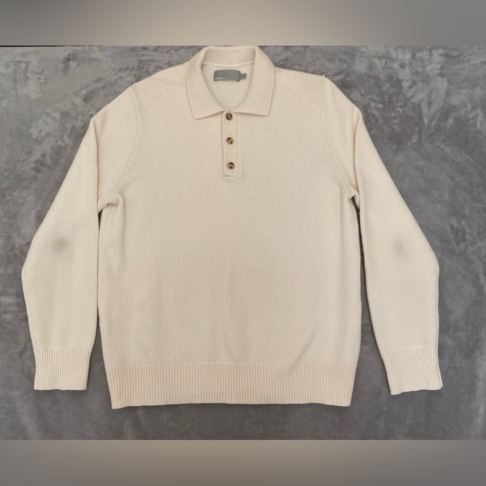 Vince Cream Wool & Cashmere Blend Polo-Collar 3 Button V-Neck Sweater